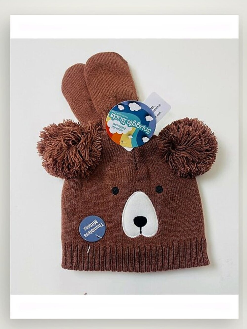 Snuggle Buds Infant Hat & Thumbless Mitten Set Knitted Cute Baby Bear Hat 0-12m